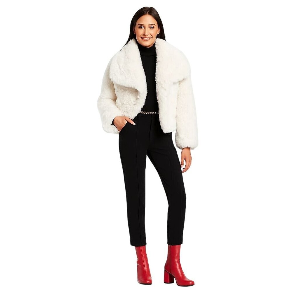 White Faux Mink Fur Jacket Medium Oversized Collar Winter